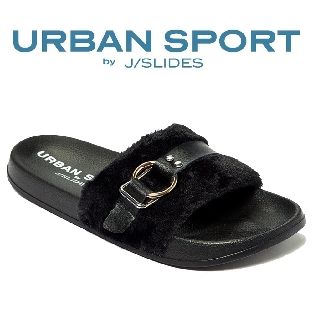 Urban Sport J Slides Super Soft Faux Fur Sandals Shoes Slip Ons NIB